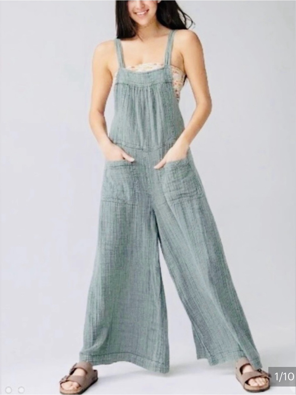 NATURAL LIFE Light Blue Cotton Gauze Scoop-Neck Jumpsuit with Pockets